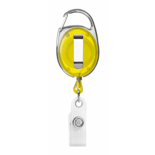 Ausweisjojo Schlüsselrolle mit Karabinerhaken, Ansteckerclip und rückseitigem Clip Gelb