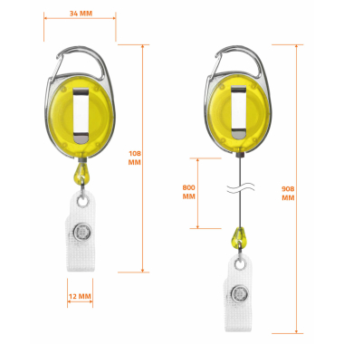 Ausweisjojo Schlüsselrolle mit Karabinerhaken, Ansteckerclip und rückseitigem Clip Gelb